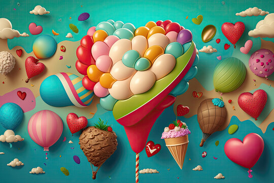 Summer background, ice creams and colorful hearts on the light background for hot, happy summer time. Beautiful colors for love and summer party mood. generative ai. - Powered by Adobe