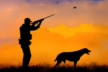 Watercolor illustration of a man with weapons in his hands, a hunter with a dog. Generative AI.