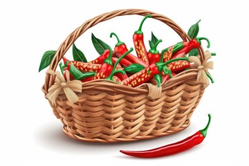 Fototapeta na wymiar Hot and fresh red chili peppers in a rattan basket against a white background. Generative AI