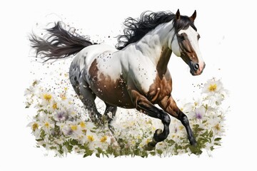 A bay horse gallops through a flower meadow. Generative AI