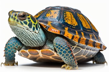 Fototapeta premium Mature Eastern Box Turtle in Close Up Focus Stacking Image Against a White Background. Generative AI