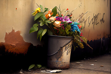 A dirty garbage can in an abandoned street in the ghetto with a bouquet of fresh spring flowers. Flowers on waste, landfill. Illustration, Generative AI.