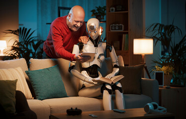 Humanoid AI robot and senior man spending time at home together