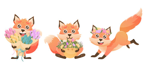 Spring banner set with cute fox, bouquet, bag of flowers. Vector cute fox character set.