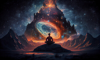 Mental health concept, cosmic man silhouette in meditation in colorful space. Generative AI