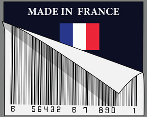 Made in France text and their country flag sign with half scrolled barcode poster design. Isolated on gray background.