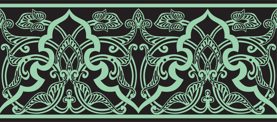 Vector seamless green oriental ornament. Endless Arabic patterned border, frame. Persian painting.