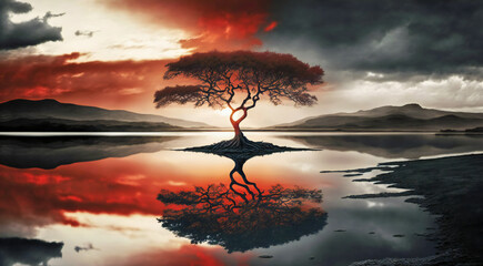 A lonely tree with its reflection on the water. Tranquility, calm, serenity concept. Created with Generative AI technology.