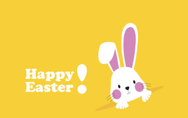Cartel de Felices Pascuas con un conejo sobre un fondo amarillo. Vista de frente y de cerca. Copy space. Icono vector