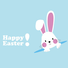 Conejo de Pascua sobre un fondo celeste liso y aislado. Vista de frente y de cerca. Copy space. 