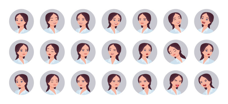 Effective businesswoman avatar, office manager portrait set business employee bundle. Different emotions face icons, character pic. Vector flat style cartoon circle set isolated on white background