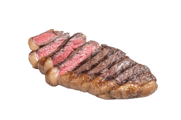 Fried and sliced Top sirloin steak, Grilled cup rump beef meat steak. Isolated, transparent...