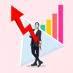  The woman with a large rising business arrow in her arm. Success Concept. Art collage.