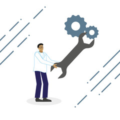 The concept of repair, a man with a wrench in his hands repairs gears, mechanism. Flat vector illustration