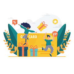Customers receive a gift card. Cheerful people are happy with discount card, coupon or voucher. Vector illustration for sale, loyalty program, bonus, promotion concept
 - obrazy, fototapety, plakaty