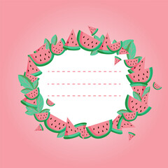 	
Frame from watermelon in shape of circle. Sample of menu cover, flyer, website, for fruit shop, smoothie bar, cafe, restaurant, organic products. Vector illustration.