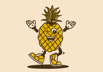 Mascot character of walking pineapple fruit with happy face