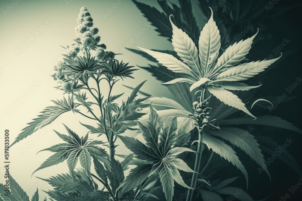 Poster large, indoor grown cannabis plants in the background of a stylized filter image featuring marijuana