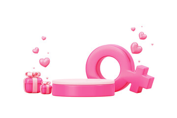 Pedestal podium with gift box have Women's day sign international women sale promotion offer, empty scene for product pink background 3d