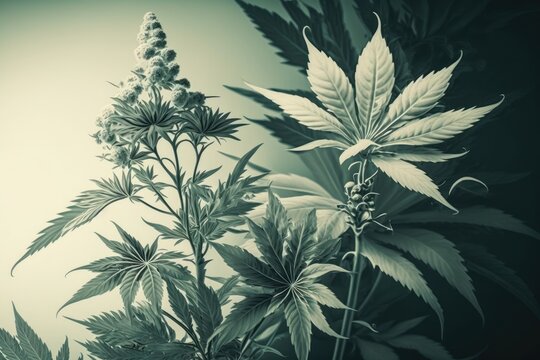 Large, indoor grown cannabis plants in the background of a stylized filter image featuring marijuana flowers. Generative AI