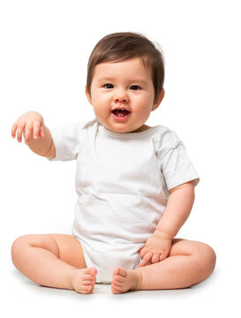 Cute baby in white onesie on transparent background
