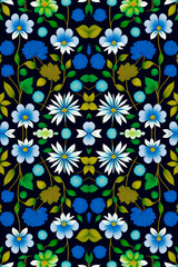 Fototapeta na wymiar Wallpaper of floral motif pattern for repeat duplicates with flips mirror. Seamless repeating Pattern mirror of Daisy flowers and leaves of Garden. Pattern mirrored repeat for background Generative Ai
