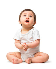 Cute baby in white onesie on transparent background