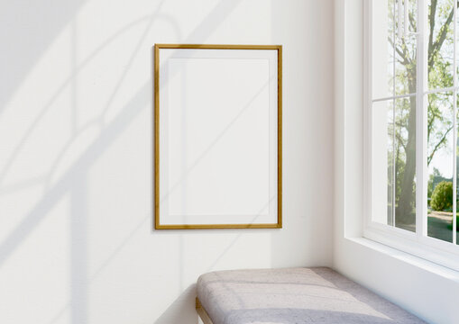 Mockup of a white photo frame in the living room, with clipping path. 3d rendering