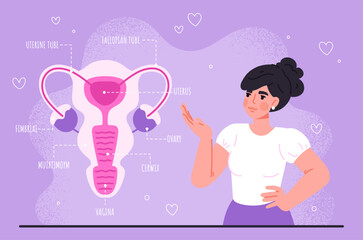 Young girl with uterus. Sex education infographic, female reproductive system. Biology and anatomy. Anatomical ovaries, vagina symbol menstruation and ovulation. Cartoon flat vector illustration