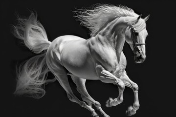 Obraz na płótnie Canvas a moving image of a white Andalusian horse on a black backdrop. Generative AI