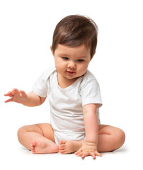 Cute baby in white onesie on transparent background