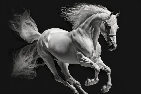 a moving image of a white Andalusian horse on a black backdrop. Generative AI