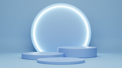 Three podiums in blue tones with neon glow, product presentation background - 3D illustration
