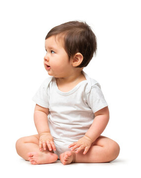 Cute baby in white onesie on transparent background