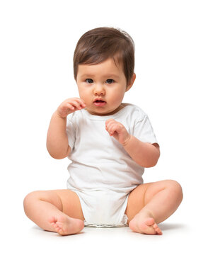 Cute baby in white onesie on transparent background