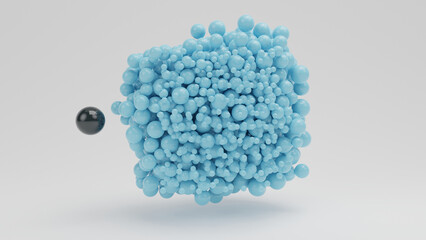 3d rendering of an array of blue balls of different sizes and one black one to the side. The idea of uniqueness, loneliness, creativity and difference. A friend among strangers. A unique likeness.