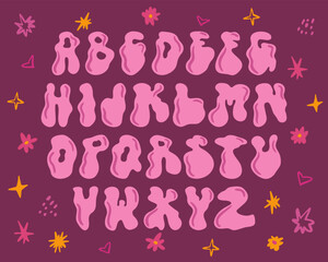 Funky rave groovy font from the 60s in psychedelic style. Vector modern cartoon alphabet