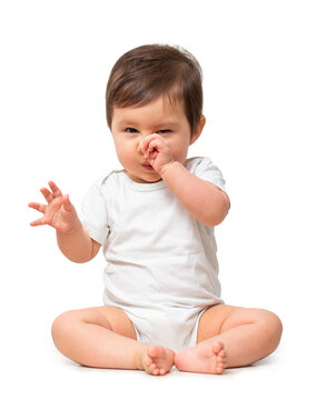 Cute baby in white onesie on transparent background