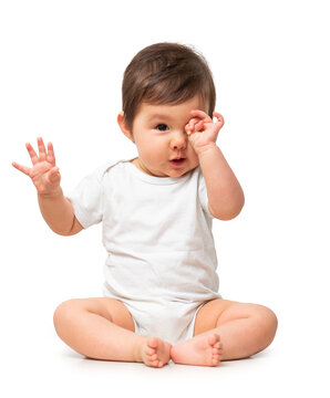 Cute baby in white onesie on transparent background