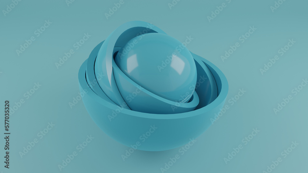 Poster 3d rendering of a blue sphere and hemispheres in different positions. abstract composition of the in