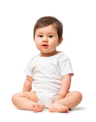 Cute baby in white onesie on transparent background - obrazy, fototapety, plakaty