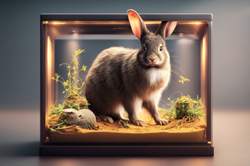 Easterbunny in a glass box,  Easterbunny in a cage, easter, laboratory animals, generative aI