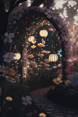 A magical and whimsical garden filled with glowing flowers, friendly creatures, and sparkling fairy dust, enchanted, forest, a massive tree, glowing mushrooms, fireflies, lighting up