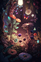 Obraz na płótnie Canvas A magical and whimsical garden filled with glowing flowers, friendly creatures, and sparkling fairy dust, enchanted, forest, a massive tree, glowing mushrooms, fireflies, lighting up