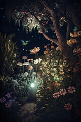Obraz premium A magical and whimsical garden filled with glowing flowers, friendly creatures, and sparkling fairy dust, enchanted, forest, a massive tree, glowing mushrooms, fireflies, lighting up