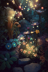 Fototapeta na wymiar A magical and whimsical garden filled with glowing flowers, friendly creatures, and sparkling fairy dust, enchanted, forest, a massive tree, glowing mushrooms, fireflies, lighting up