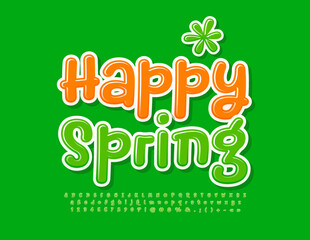 Vector funny poster Happy Spring.  Playful Green Font. Modern handwritten Alphabet Letters and Numbers