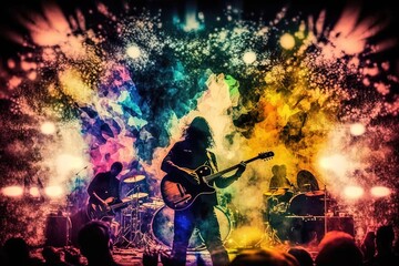 Obraz na płótnie Canvas Group Playing Guitar Onstage Amid Colorful Ink Explosion and Galactic Colors