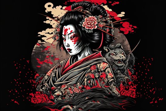 Illustration of an Eastern Geisha with a Samurai Mascot Generative AI