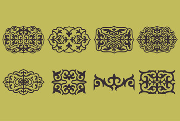 Set of 8 islamic ornaments on yellow background in vector. Circular ornamental arabic symbols. Abstract Asian elements of the national pattern of the ancient nomads of the Kazakhs, Tatars.